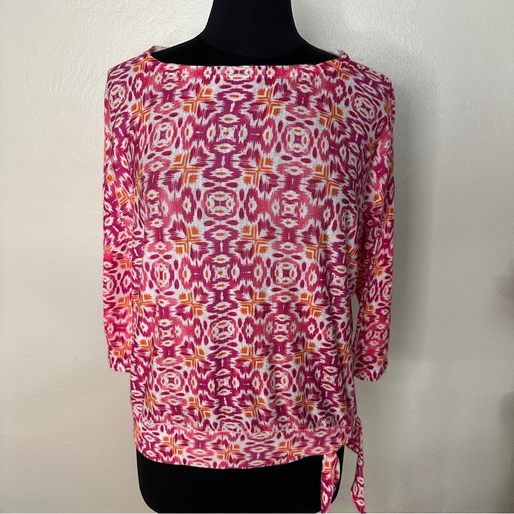 Chicos Blouse/Sweater Pink Pullover Scoop Neck 3/4 Slv Printed Side Tie Size 2